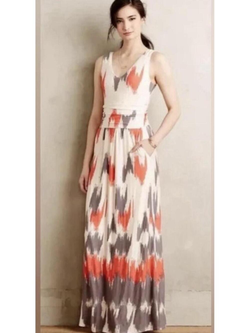 Anthropologie Maeve Maxi Dress Size XS Sleeveless Stretch Knit V-Neck Abstract